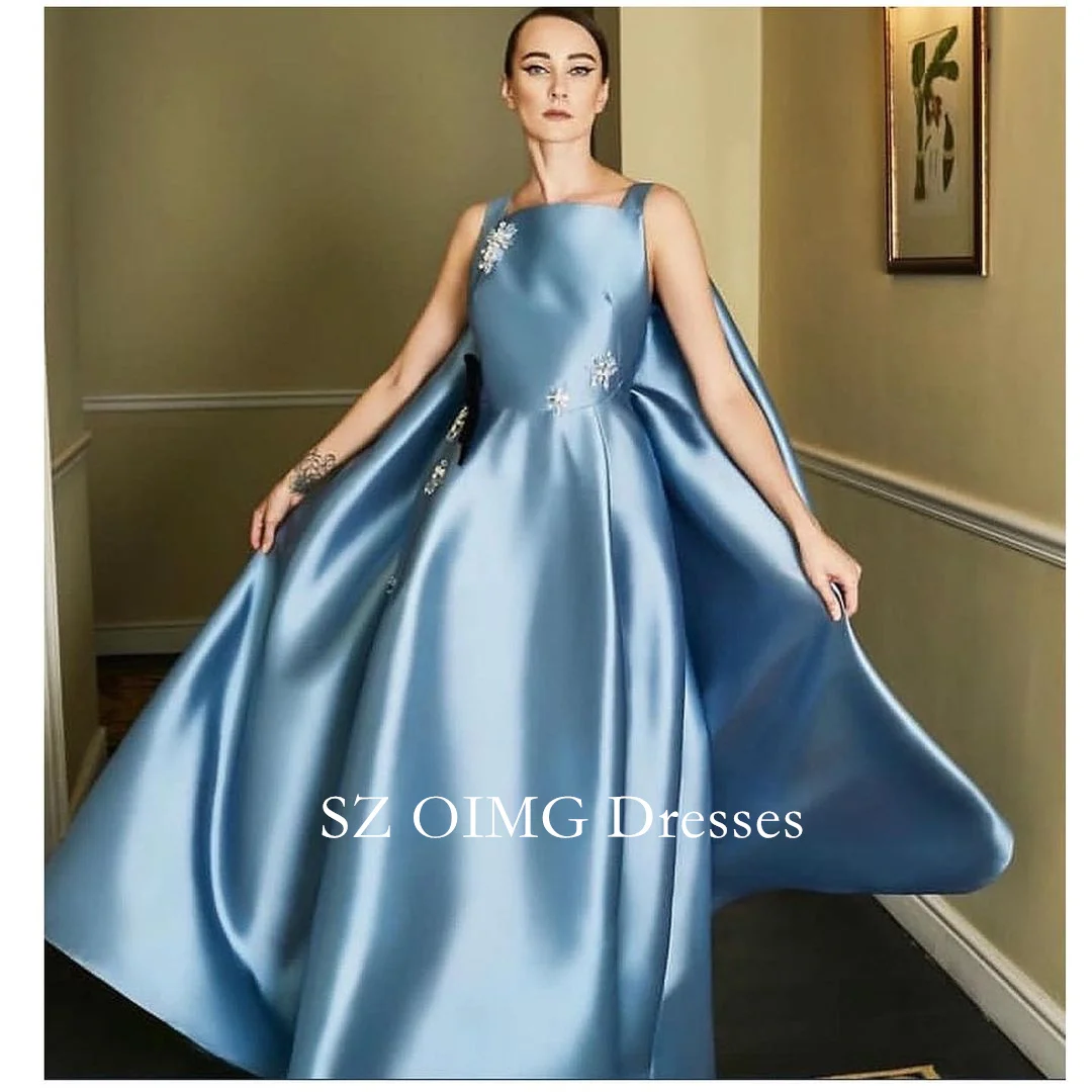 

OIMG Gorgeous Fashion Sleeveless Pleated Blue A-Line Prom Dresses Zipped Satin Sexy Vintage Evening Gowns Formal Party Dress