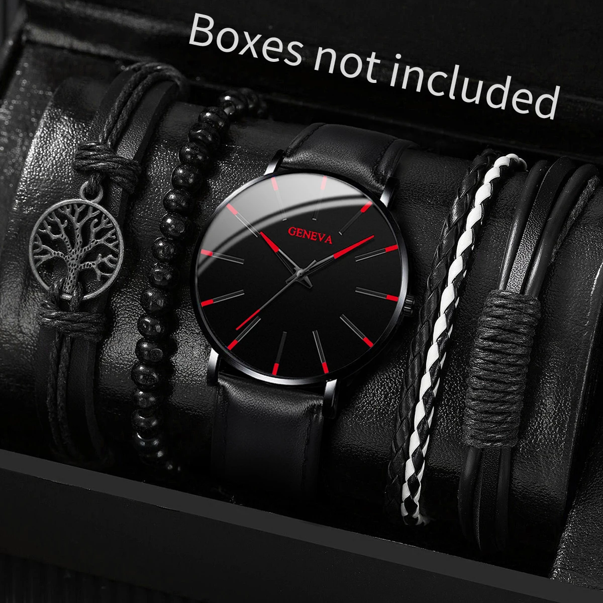 ساعة كوارتز للرجال من جلد البولي يوريثان ، طقم أساور غير رسمية بدون صندوق ، ساعات معصم 5