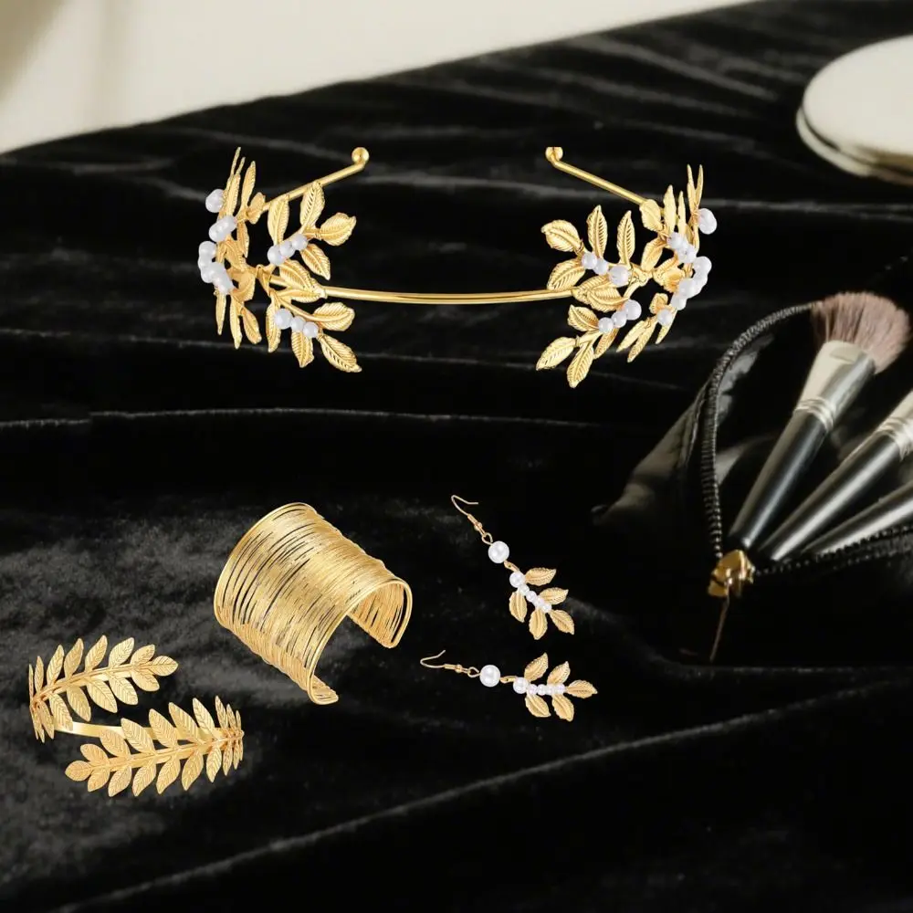 Gold Greek Goddess Costume Accessories Leaf Design Coil Bracelet Golden Leaves Bridal Hair Comb Earrings Arm Cuff