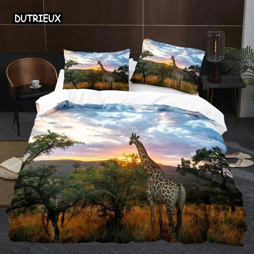 Giraffe Duvet Cover Set Giraffes Eastern Style Environment Retro Bedding Set Animal Theme King Size Soft Comfortable Quilt Cover