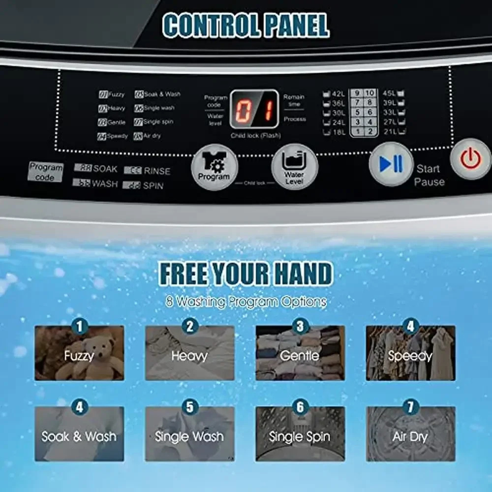 Compact Full-Automatic Mini Washer & Spin Dryer 1.5 Cu.Ft Capacity Laundry Machine with 8 Programs & Stainless Steel Drum