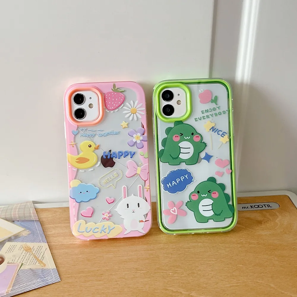 Cartoon three in one dinosaur and duck Shell For iphone 11 12 13 Pro Max XS X XR 7 8 plus SE 2020 Cases Cover