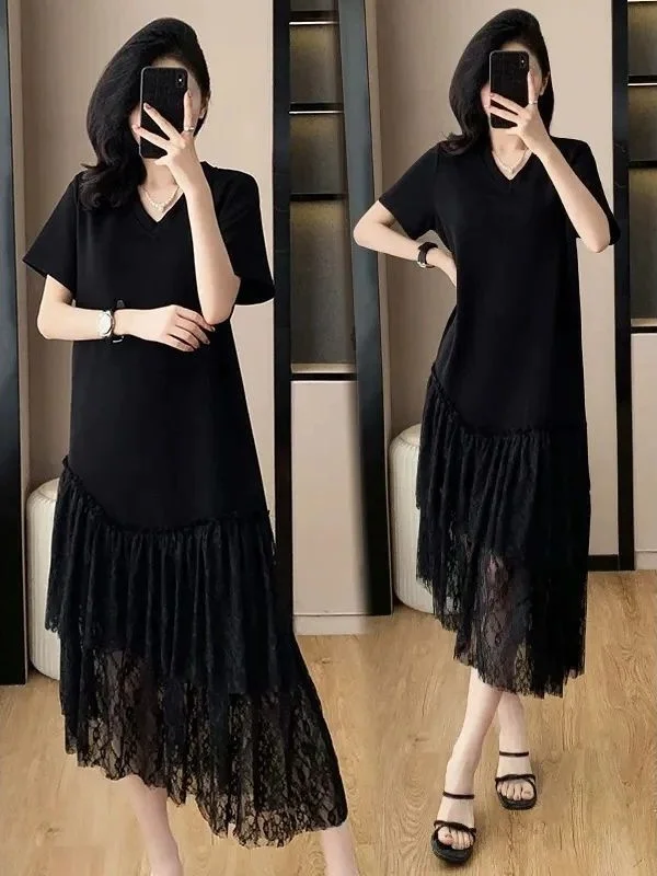 Coréen Sle dentelle épissure surdimensionné v-ne t-shirt Dr femmes Ele polyvalent pull Dr été décontracté a-ligne jupe