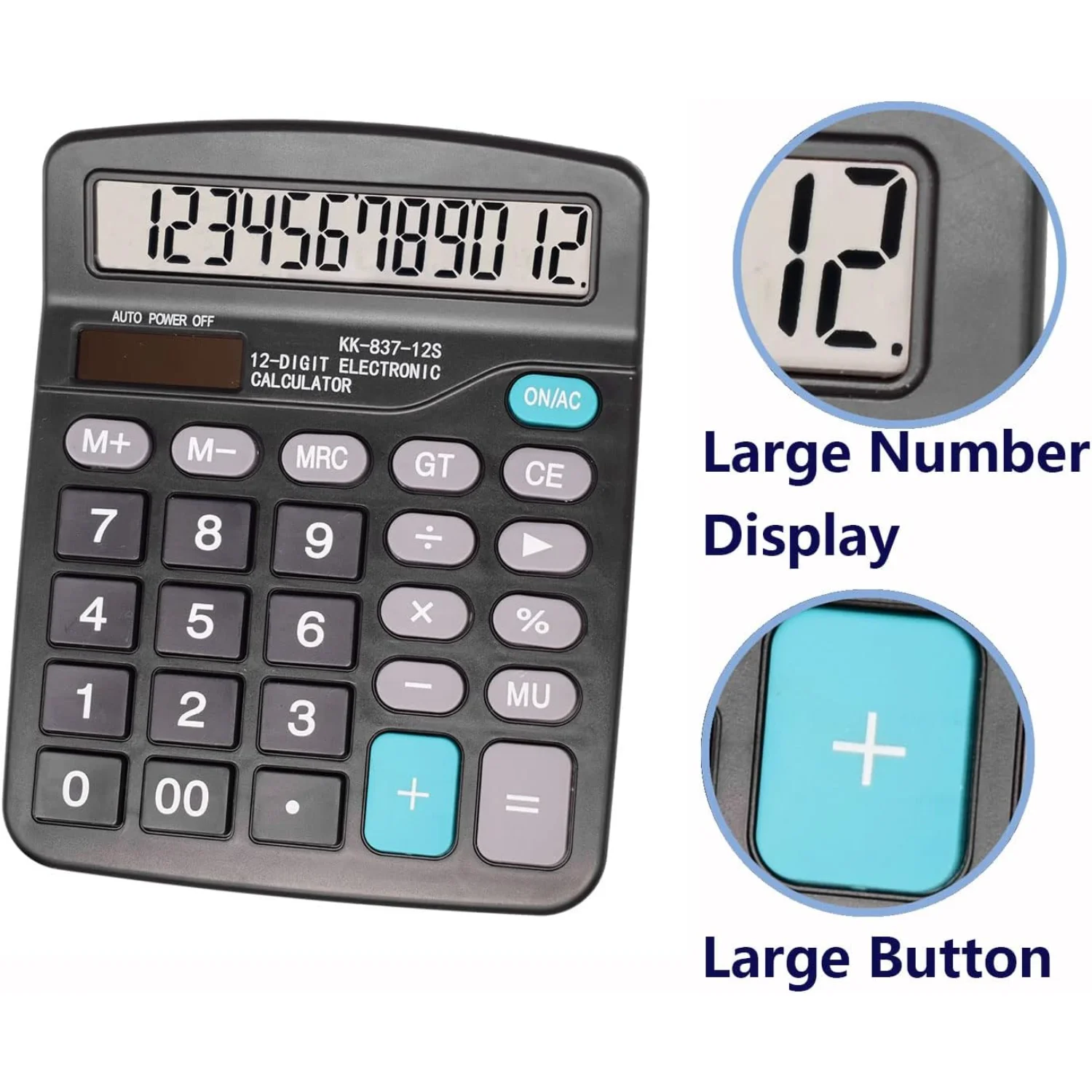 계산기, KK-837-12S 표준 데스크탑 계산기, 12자리 대형 LCD 디스플레이, 배터리 및 태양광 발전 계산기(꺼짐)