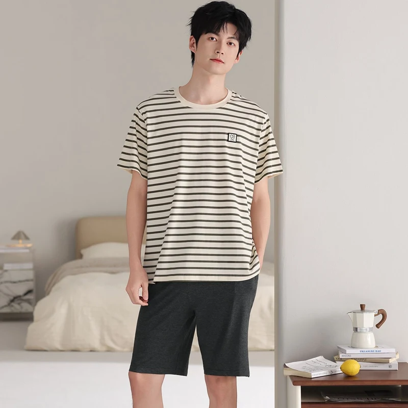 2026 Summer Plus Size  Short Sleeve Casual Striped Modal Pajama Sets for Men Korean Loose Sleepwear Pyjama Homewear Home Clothes