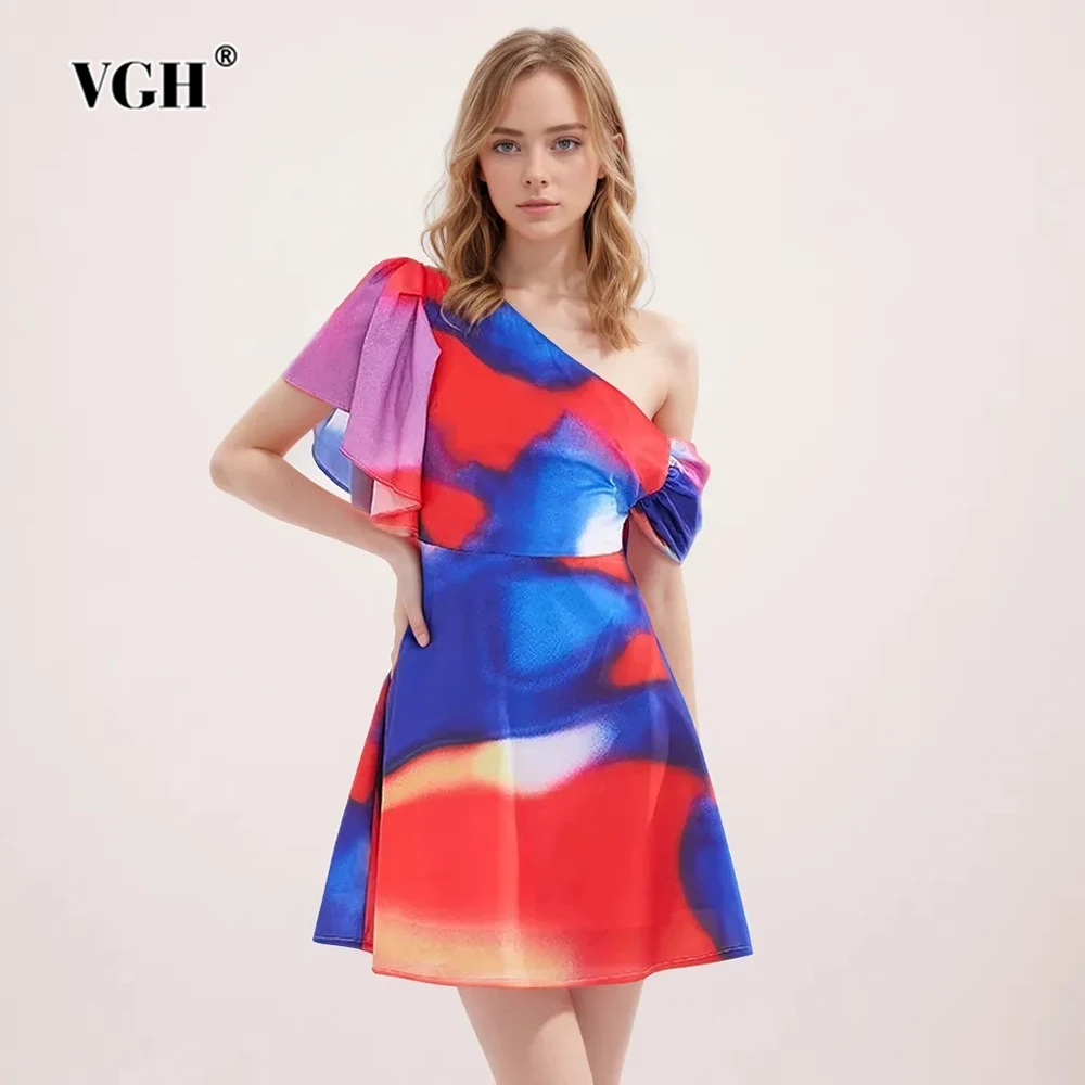 

VGH Hit Color Printing Patchwork Folds Dresses For Women Diagonal Collar Butterfly Sleeve Backless High Waist Mini Dress Female