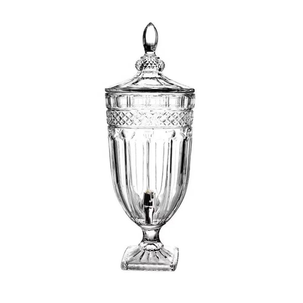 

Sturdy Clear Glass Juice Jug Elegant Embossed Large Capacity Water Carafe Vintage with Faucet Iced Tea Pitcher Hot Bubble Tea