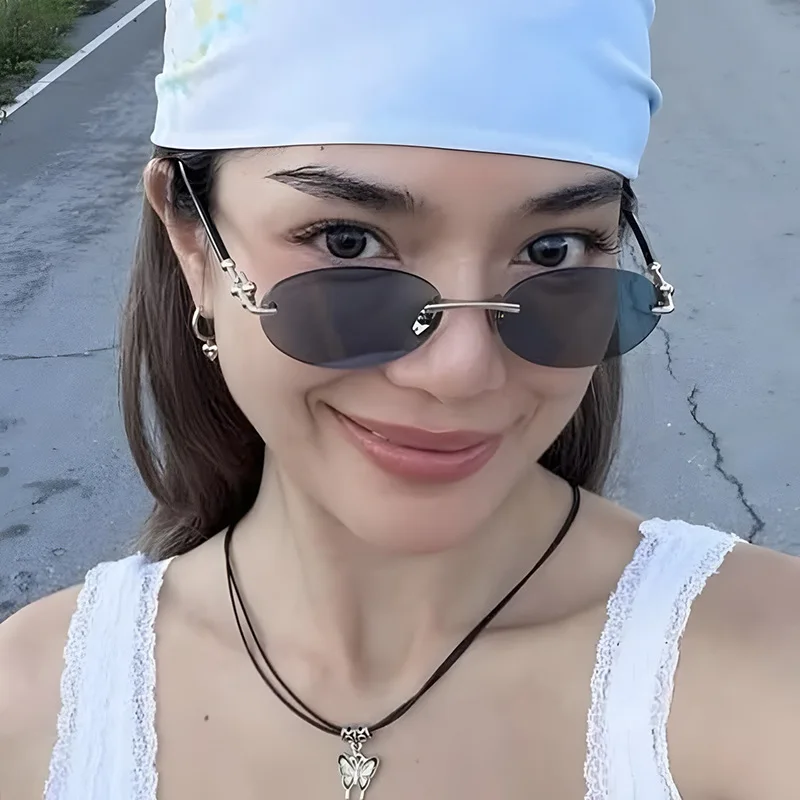 البيضاوي فرملس قطع حافة النظارات الشمسية النساء الرجال الرجعية ظلة الأشعة فوق البنفسجية نظارات شمسية العلامة التجارية الفاخرة مصمم النظارات المعدنية الشعبية