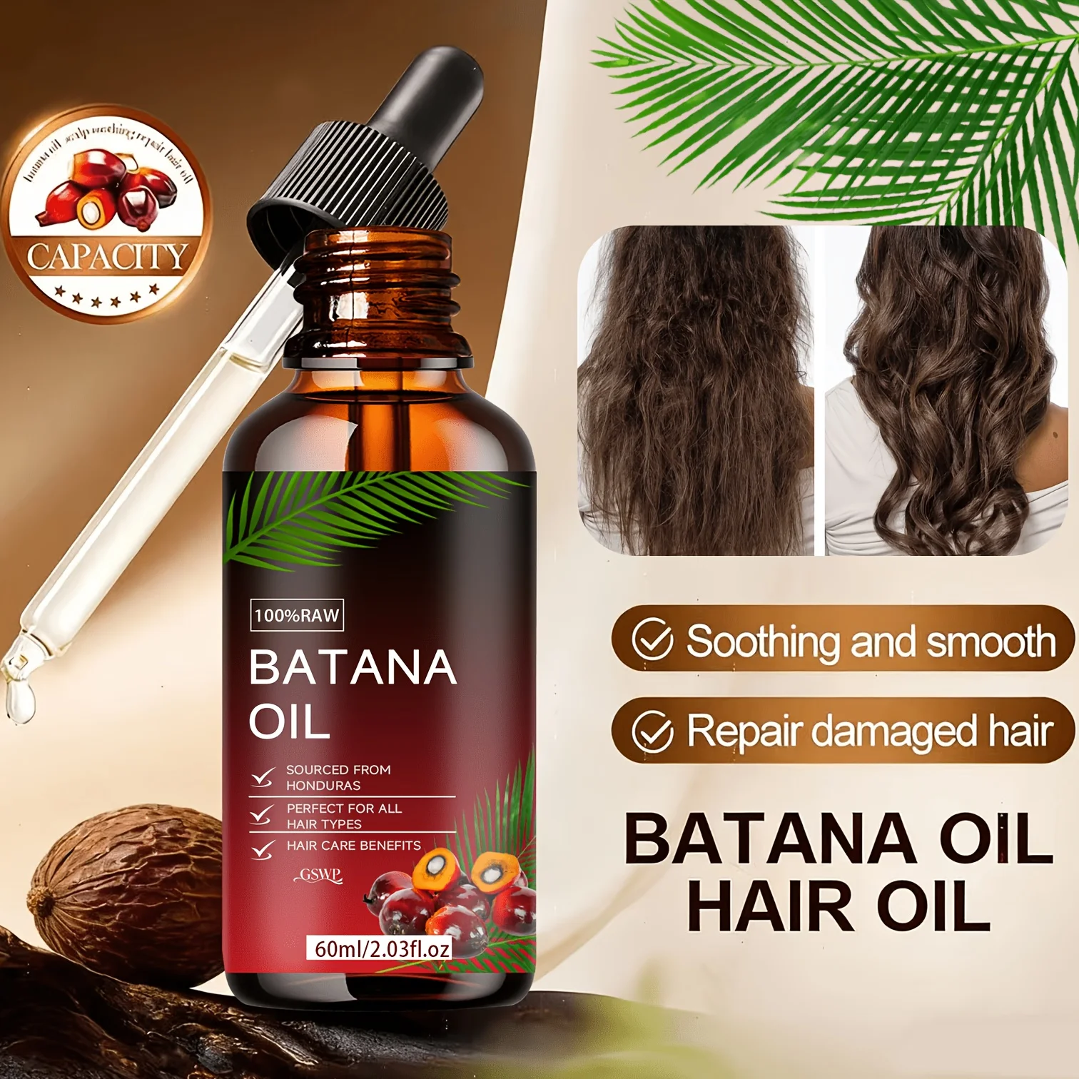 GSWP Batana Oil Hair Oil, Deep Moisturizing, Making It Soft and Shin, Deep Conditioning & Strengthening, Repairing Hair.60/120ml view 2