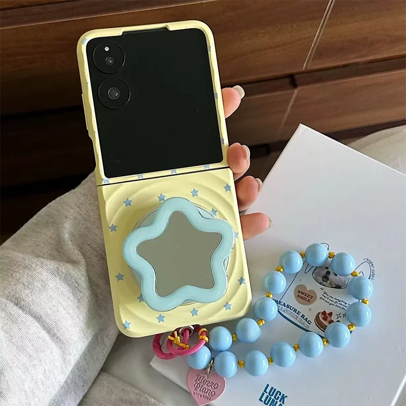

Cute Blue Star Foldable Phone Case With Magnetic Star Mirror Stand For Samsung Z Flip7 Z Flip6 Z Flip5/Xiaomi Mix Flip Cover
