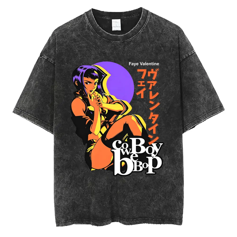Washed Vintage Anime Cowboy Bebop Graphic T-shirt Retro Manga Spike Spiegel Print T-shirts Men Women Hip Hop Oversized T Shirts
