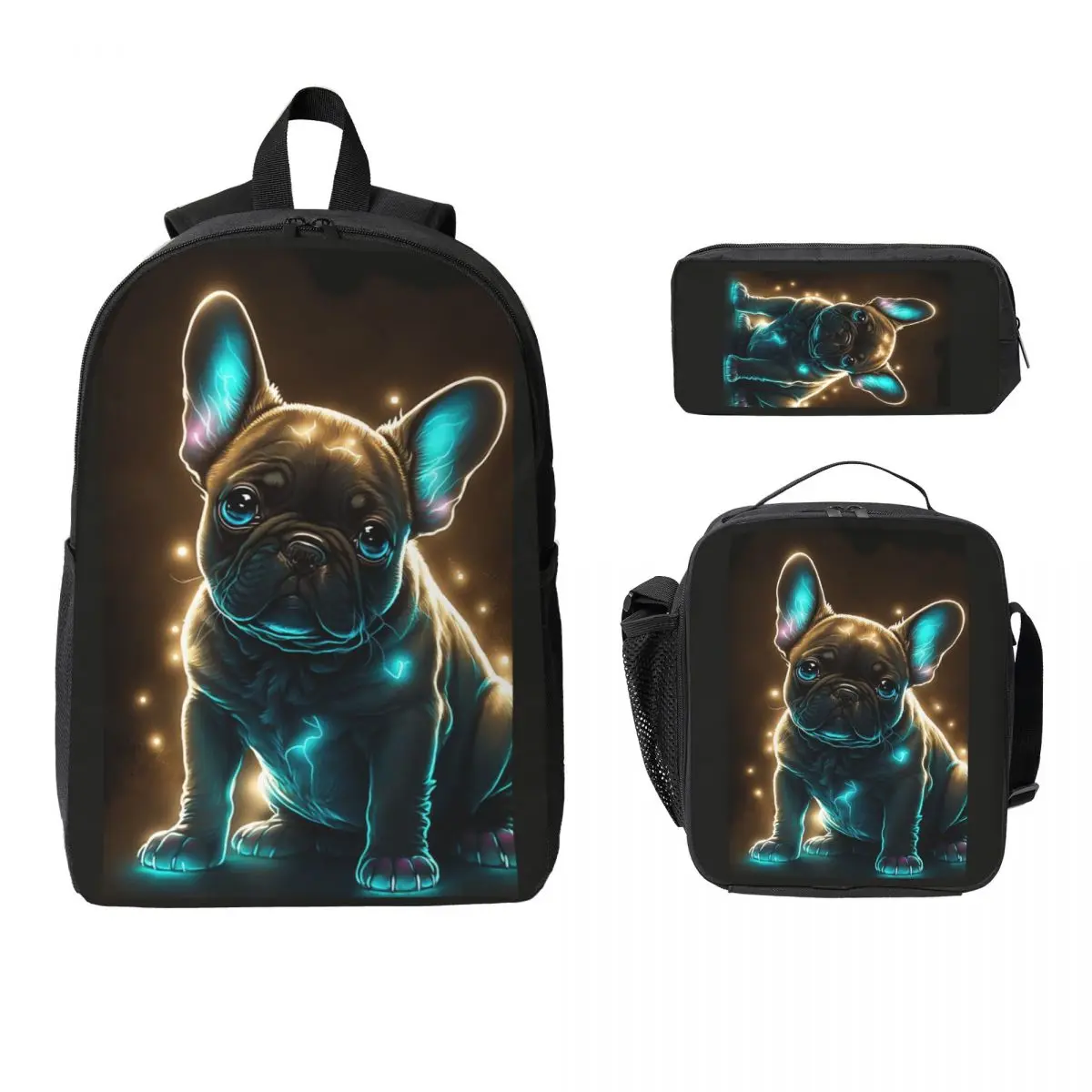 

Рюкзак с изображением французского бульдога, студенческая сумка для книг для мальчиков и девочек, школьная сумка, сумки на плечо для ноутбука, 3 шт., изолированная сумка для обеда, пенал
