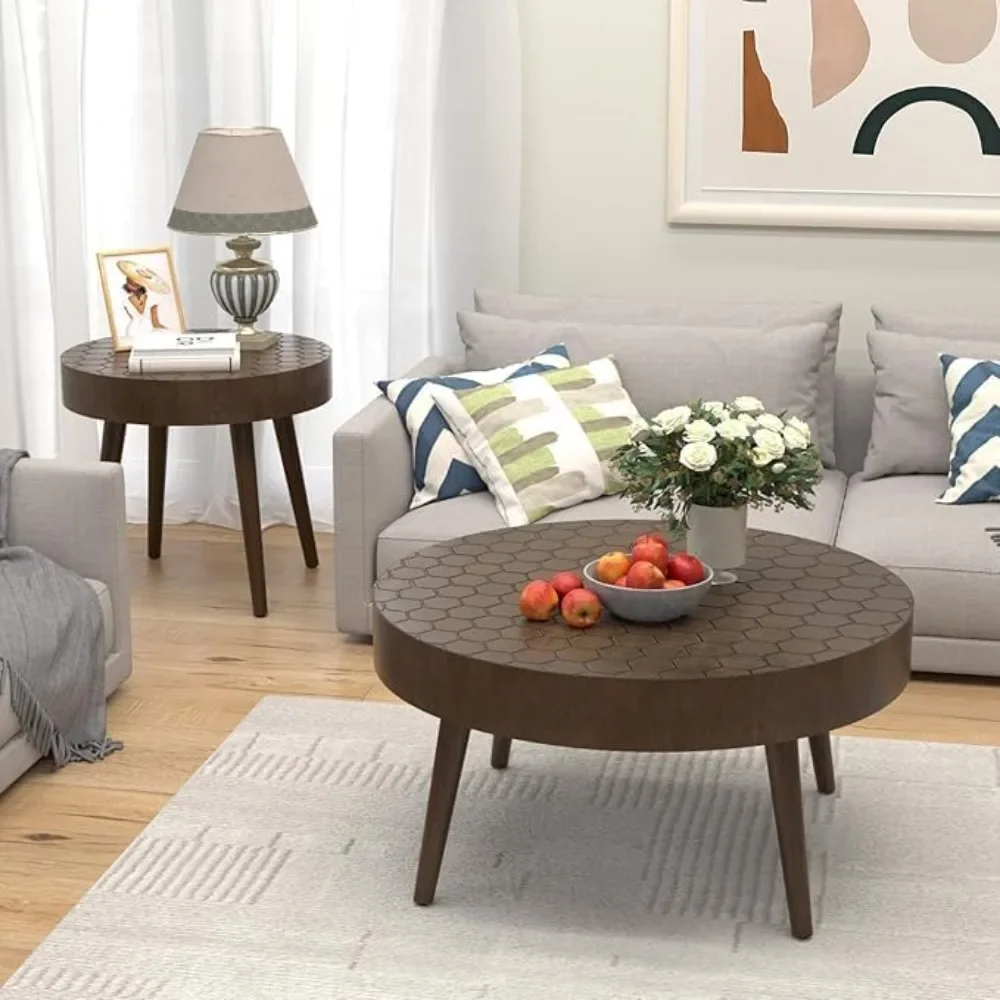 

End Table, Round Coffee Table, Nesting Tables with Honeycomb Pattern, Modern End Table for Living Room, End Tables