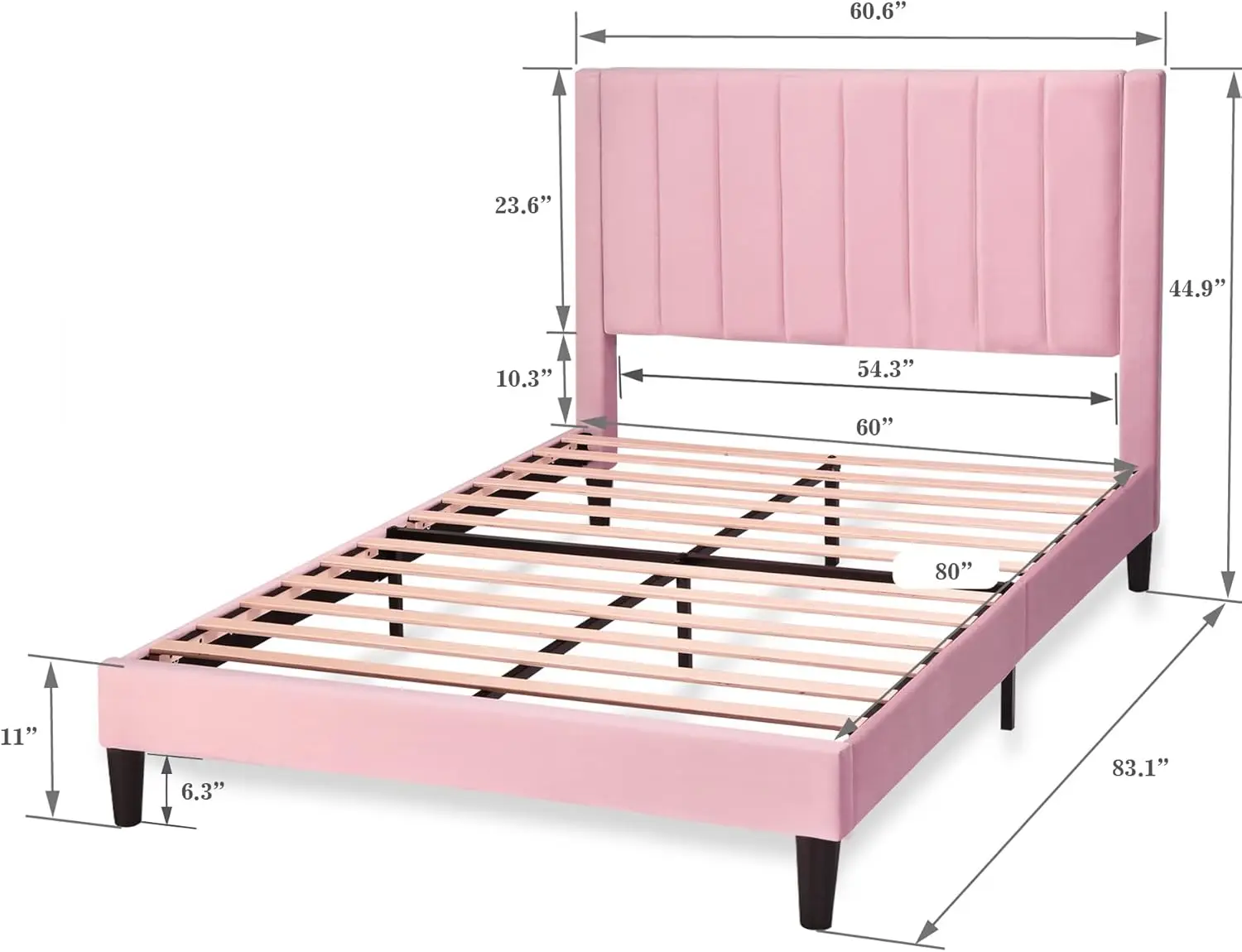 Queen Bed Frame/Velvet Upholstered Bed Frame with Vertical Channel Tufted Headboard/Strong Wooden Slats