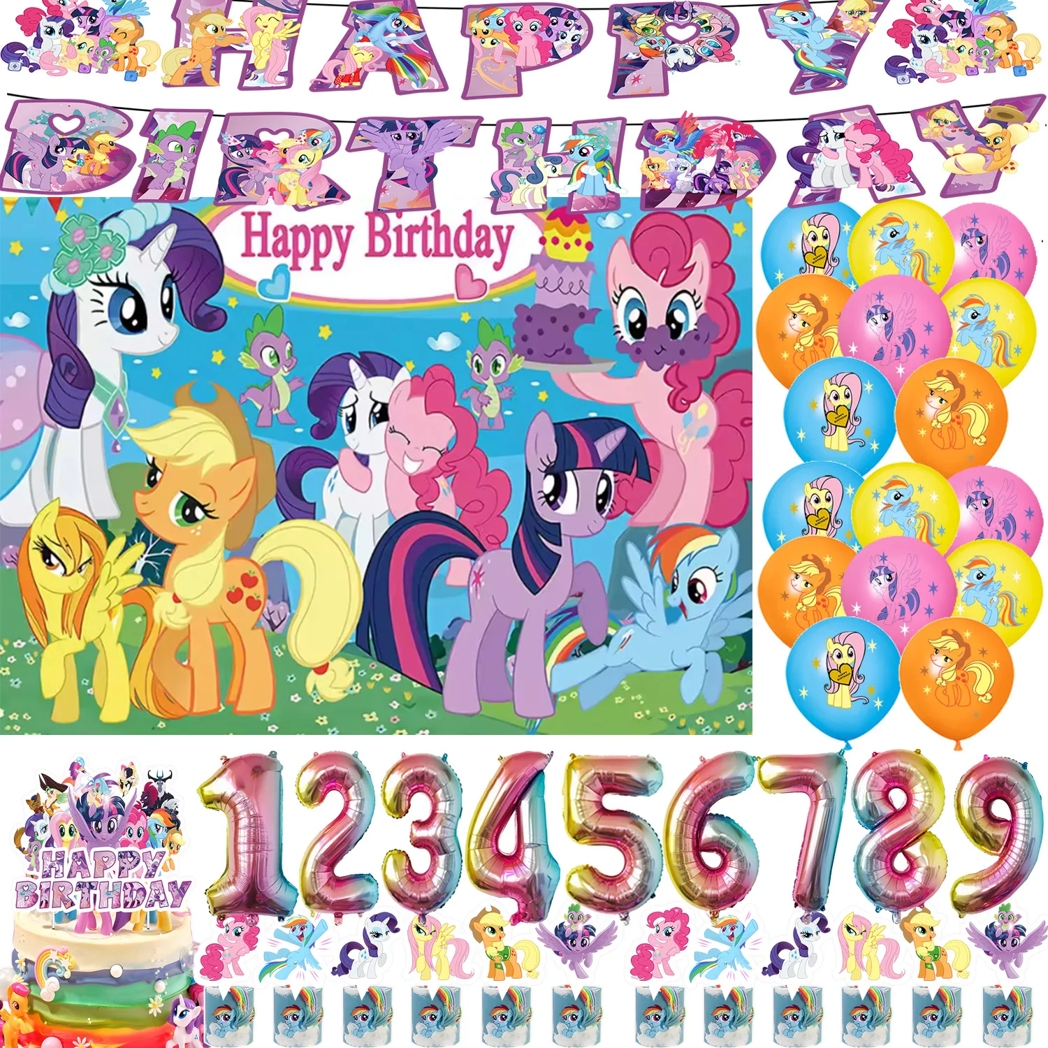 

Cartoon&ponyed Theme Birthday Party Supplies Balloon Rainbow Unicorn Background Cupcake Topper Banner Baby Shower Girl Gift Prop