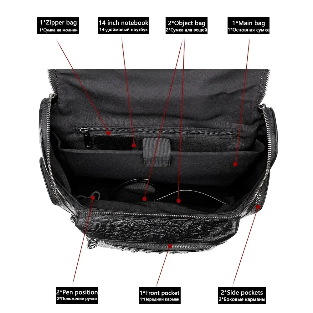 100 % echtes Leder Business Rucksack 14 Zoll Laptop Mode Schultasche für Männer Krokodil