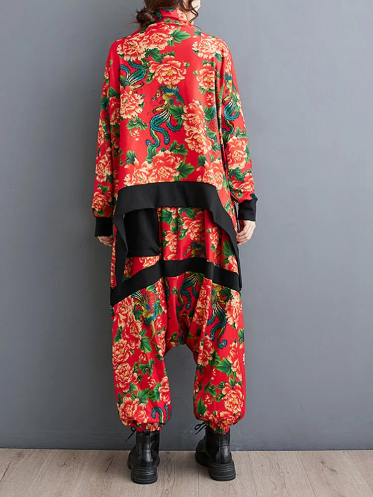 Oversized Spring Flower Print 2 Two Piece Set Women Irregular Pleated Modis Long Sleeve Ladies Blouses Loose Wide Leg Woman Pant