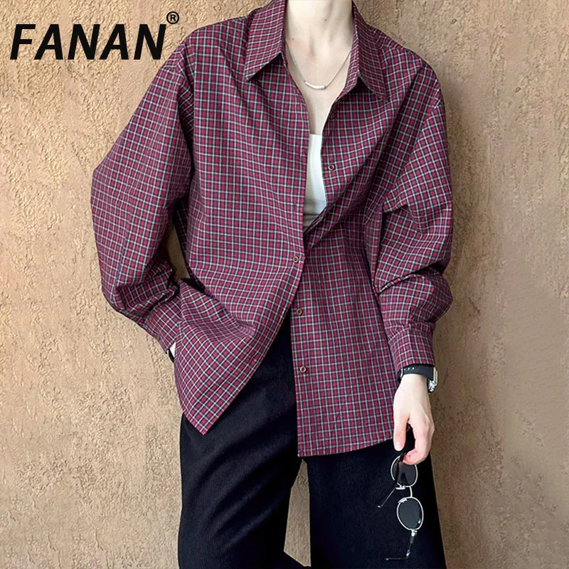 

FANAN Fashion Plaid Contrast Color Shirts Women's Lapel Single Breasted Long Sleeve Loose Blouses Female Tops 2025 Spring New