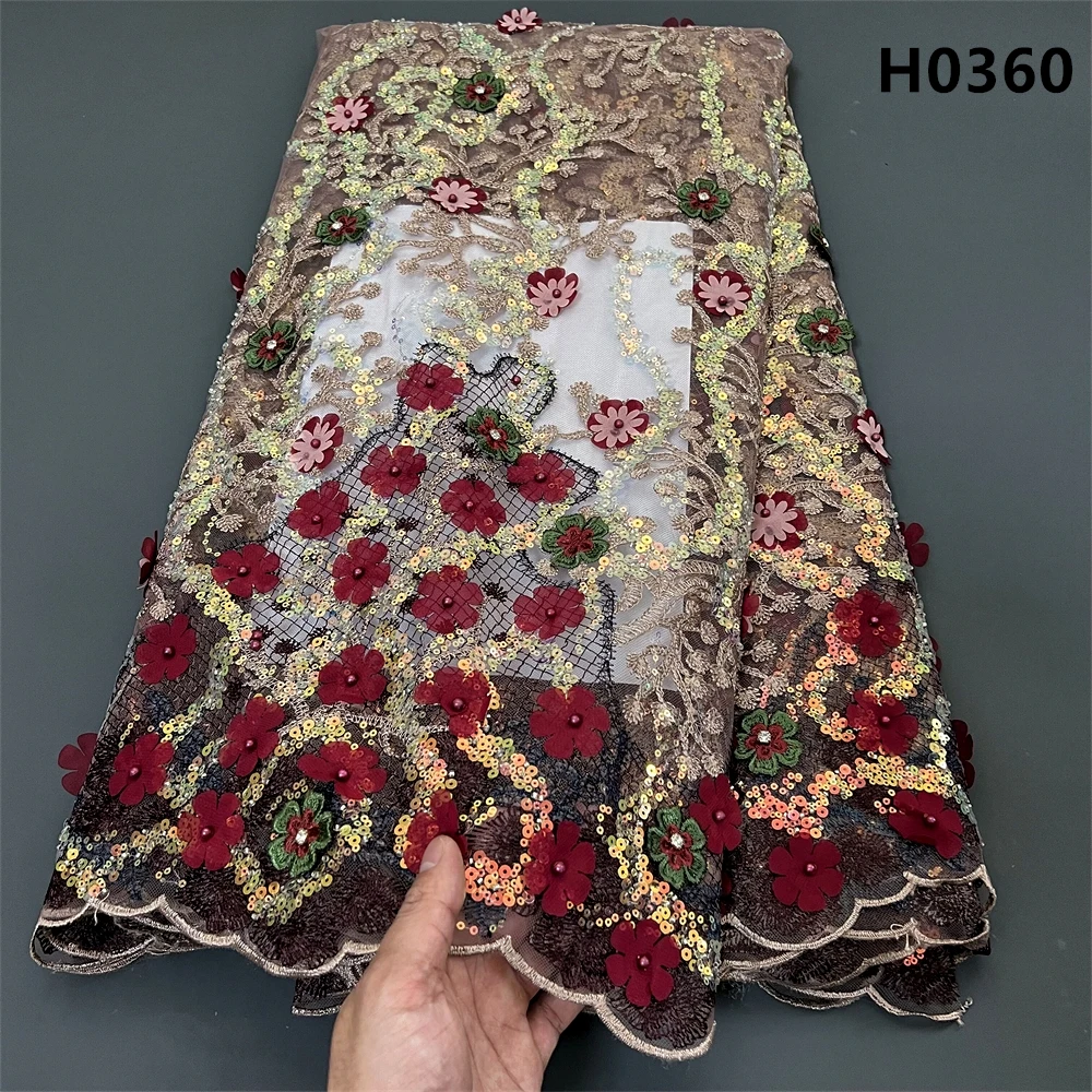 

2024 Latest African Nigerian High Quality Sequins Tulle Lace Fabric Sewing Guipure Beads Stone Embroidery Dresses 5yards H0360