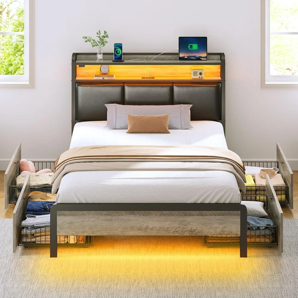

LED Twin Size Bed Frame with Charging Station, Storage Headboard with Drawers, No Box Spring Needed, Noise Free, Easy Assembly