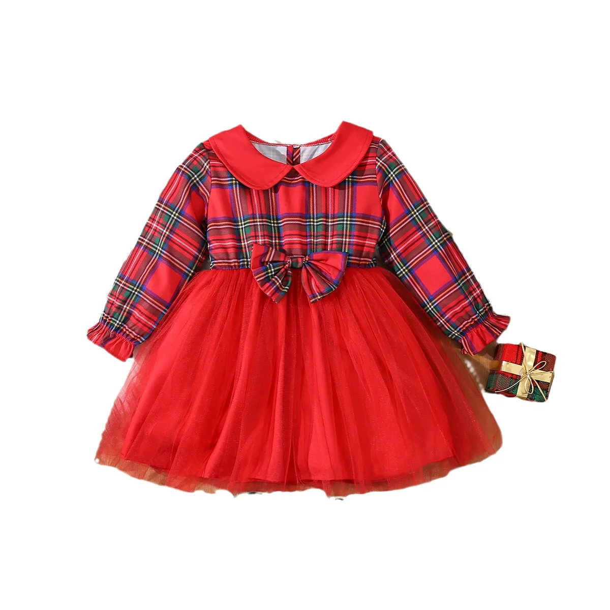 

MINISO Christmas Girl Outfit Autumn Plaid Long Sleeve Doll Collar Mesh Dress Cute Kawaii Festival Costume Holiday Wear 3-8 Years
