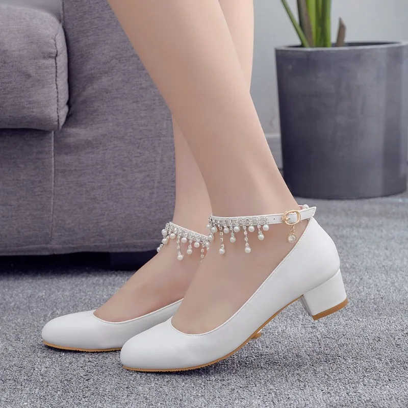 XIHAHA Women String of Beads Drill Sexy Dance Shoes Full Dress Thin Woman Round Head Shoe White Marry Sandals with Single Shoes