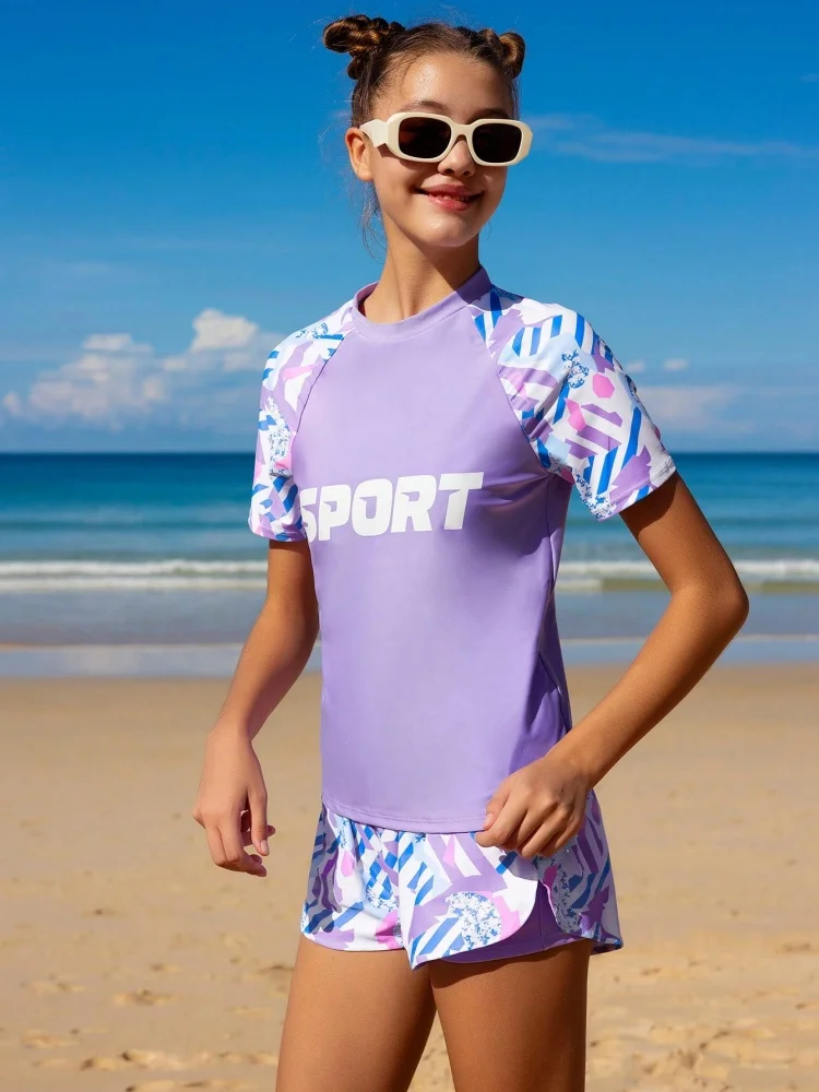 الفتيات الاطفال ملابس السباحة 2026 جديد الأرجواني إلكتروني قصيرة الأكمام ملابس سباحة للأطفال الصيف السراويل 2 قطعة بحر ثوب السباحة السباحة