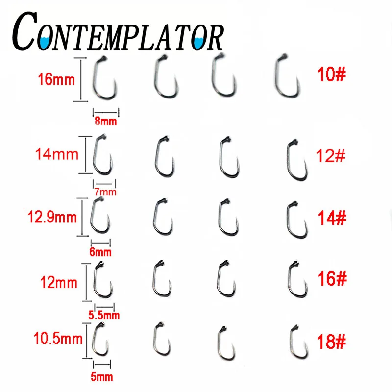 CONTEMPLATOR 40 szt. Haczyki muchowe bez zadziorów do jigów typu Nymph, rozmiar 10 #   12 #   14 #   16 #   18 #   60 °   Haczyki do wiązania much typu jig thin wire, imitujące krewetki, caddisy i laretki.
