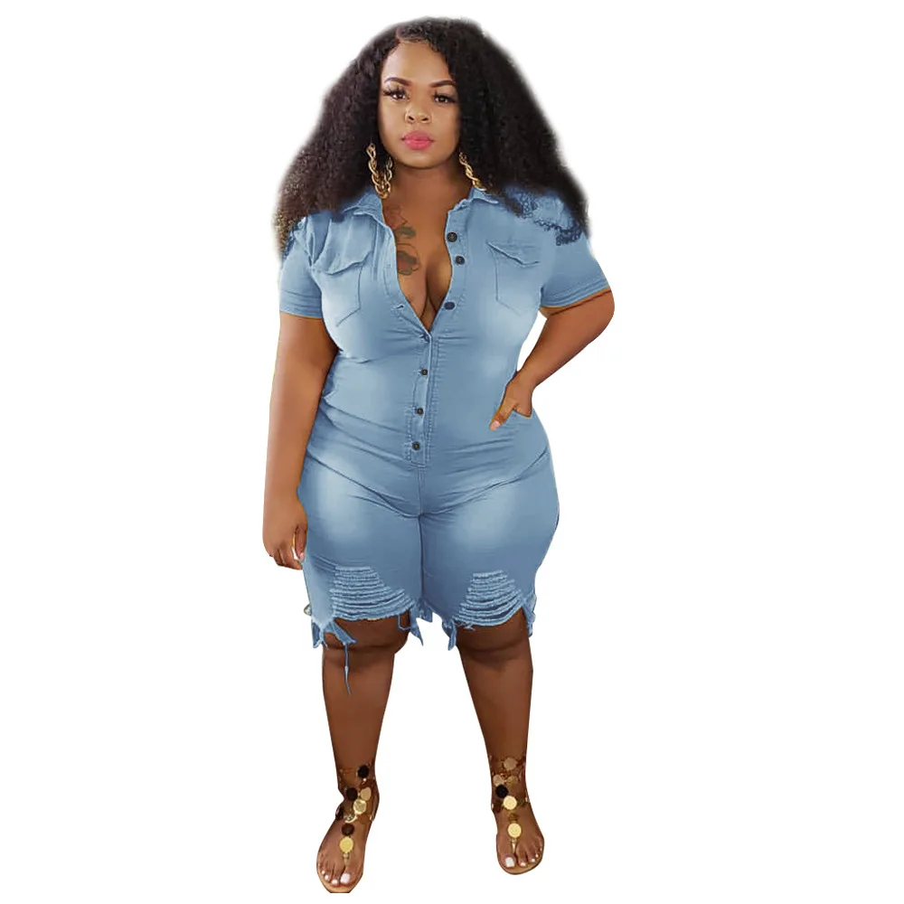 S-2XL Clothing Jeans Jumpsuits Women Short Sleeve Bodysuit Ripped Denim Shorts Jumpsuits