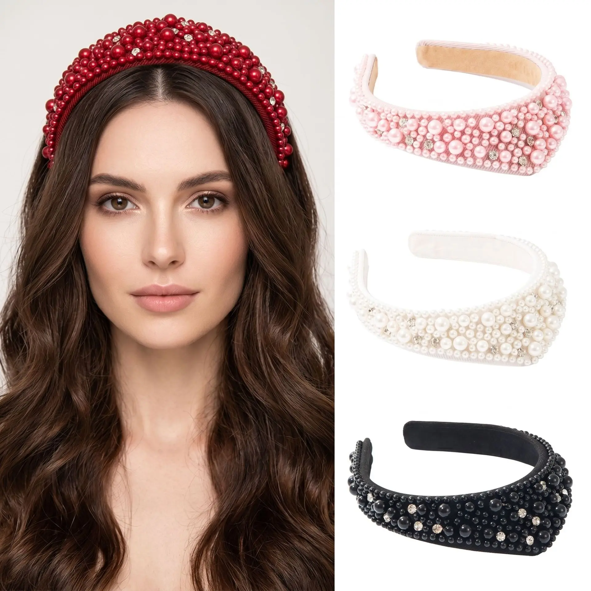 New European and American Retro Diamond-studded Pearls Crown Headband High-end, Exquisite Wedding Hair Accessory