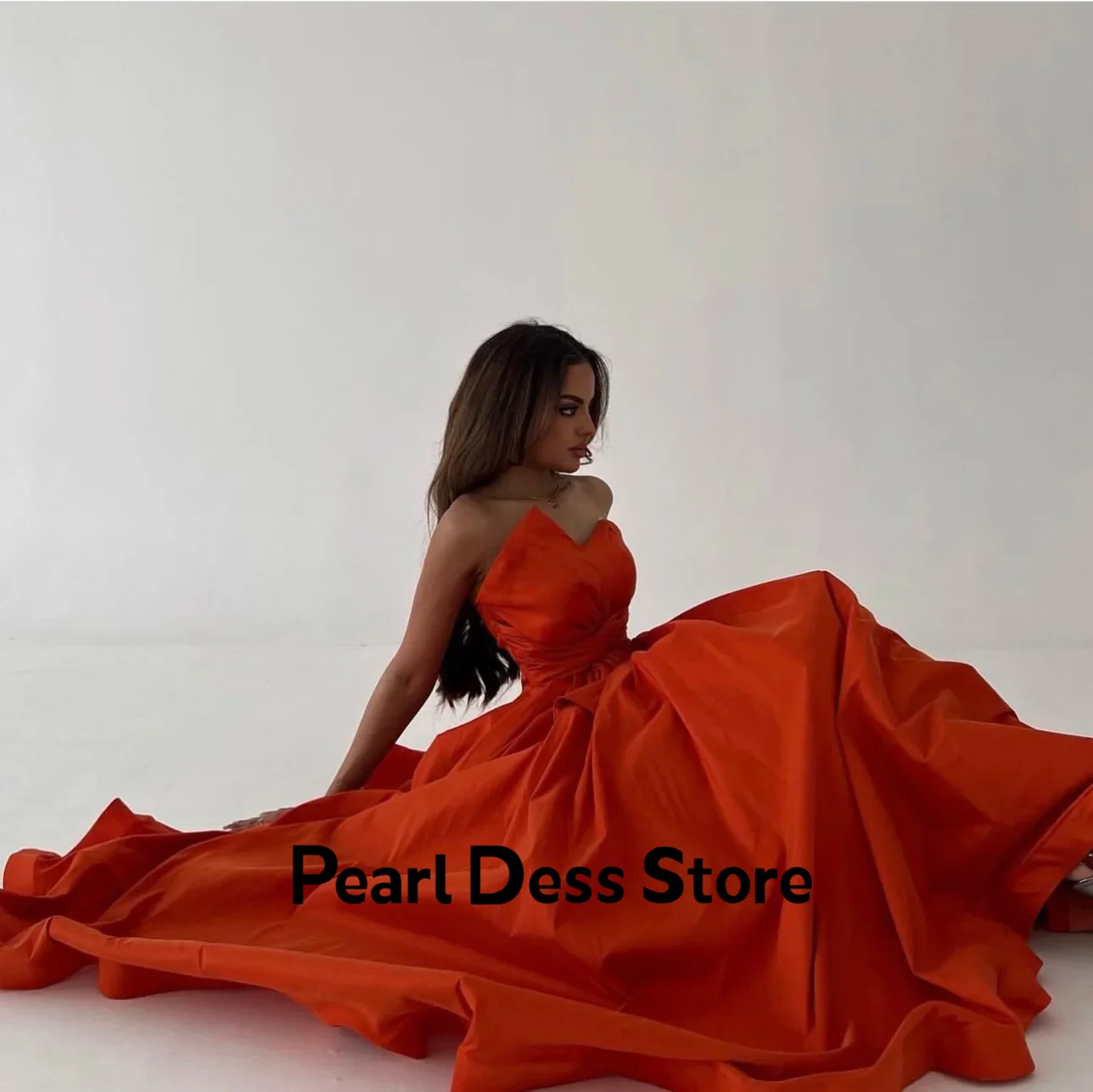 2024 Deep Orange Women's Shoulderless Pleated A-shaped Evening Dress