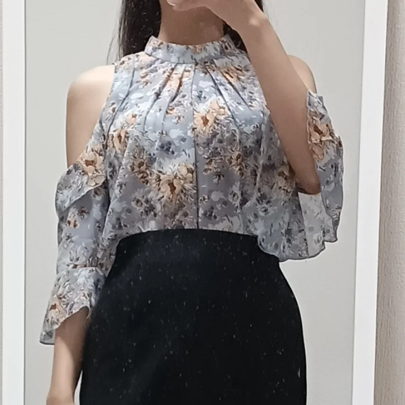 2025 Summer Off Shoulder Floral Blouses Blusas Fashion Women Loose Short Sleeve Top Chiffon Shirt Para Mujer Korean New 9930