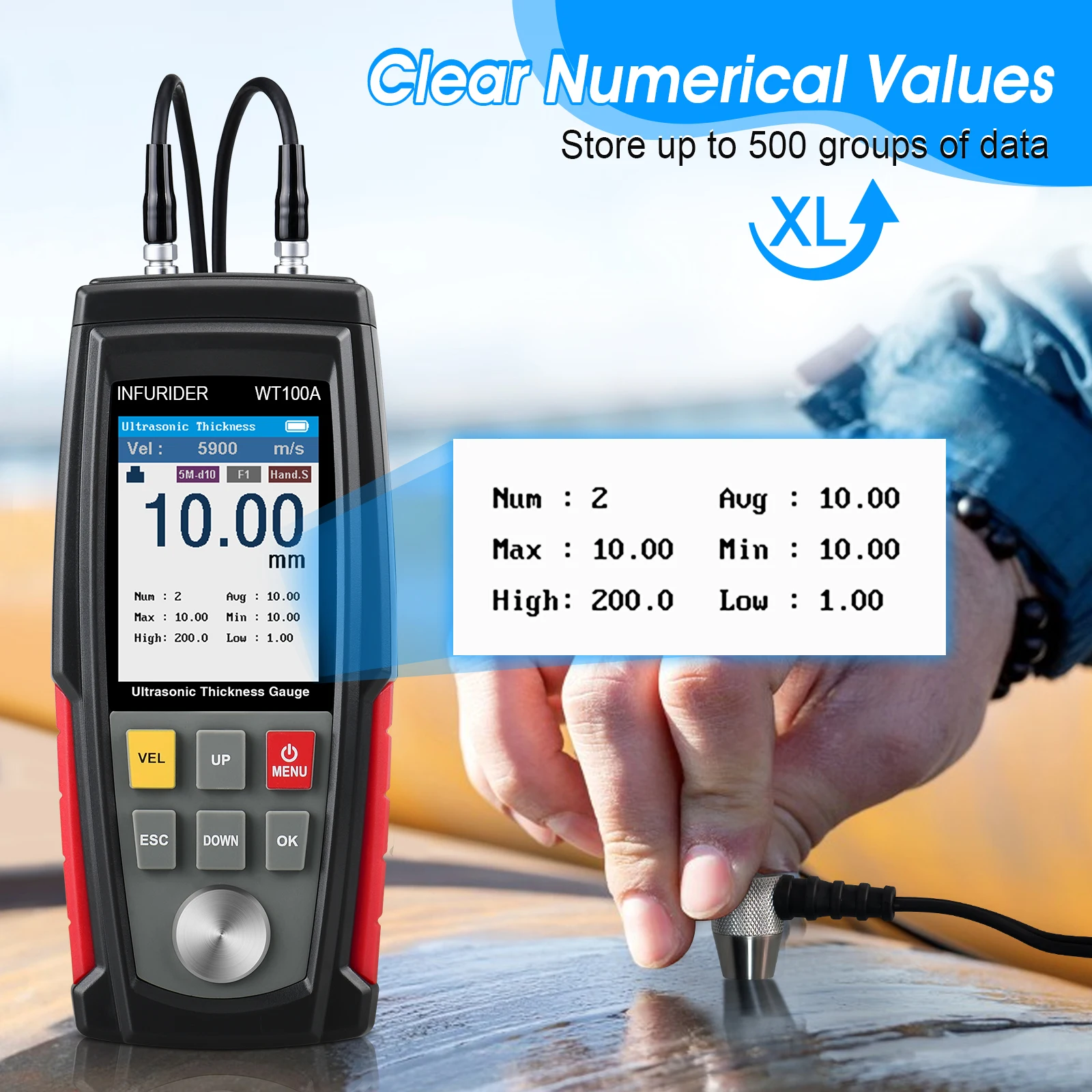 WT100A Ultrasonic Thickness Gauge - Digital High Precision Tester 0.04-11.8IN Tool for Metal Plastic Glass Measurement