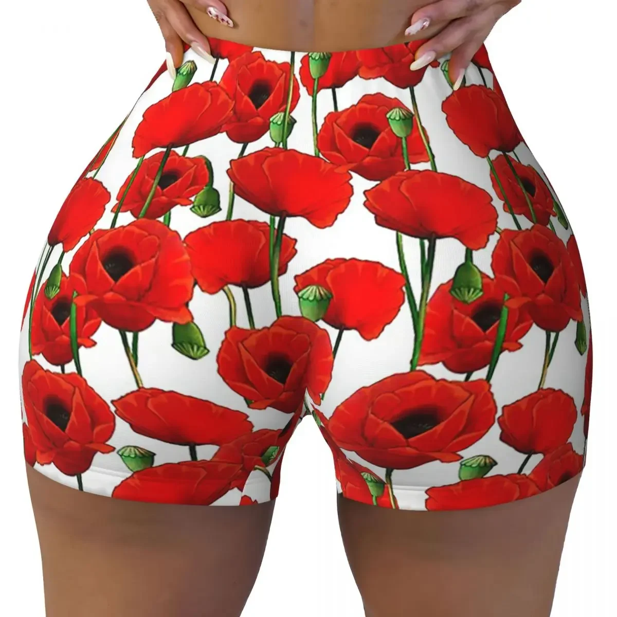 Custom Poppy Pattern Women Gym Workout Running Shorts Athletic Volleyball Biker Yoga Shorts