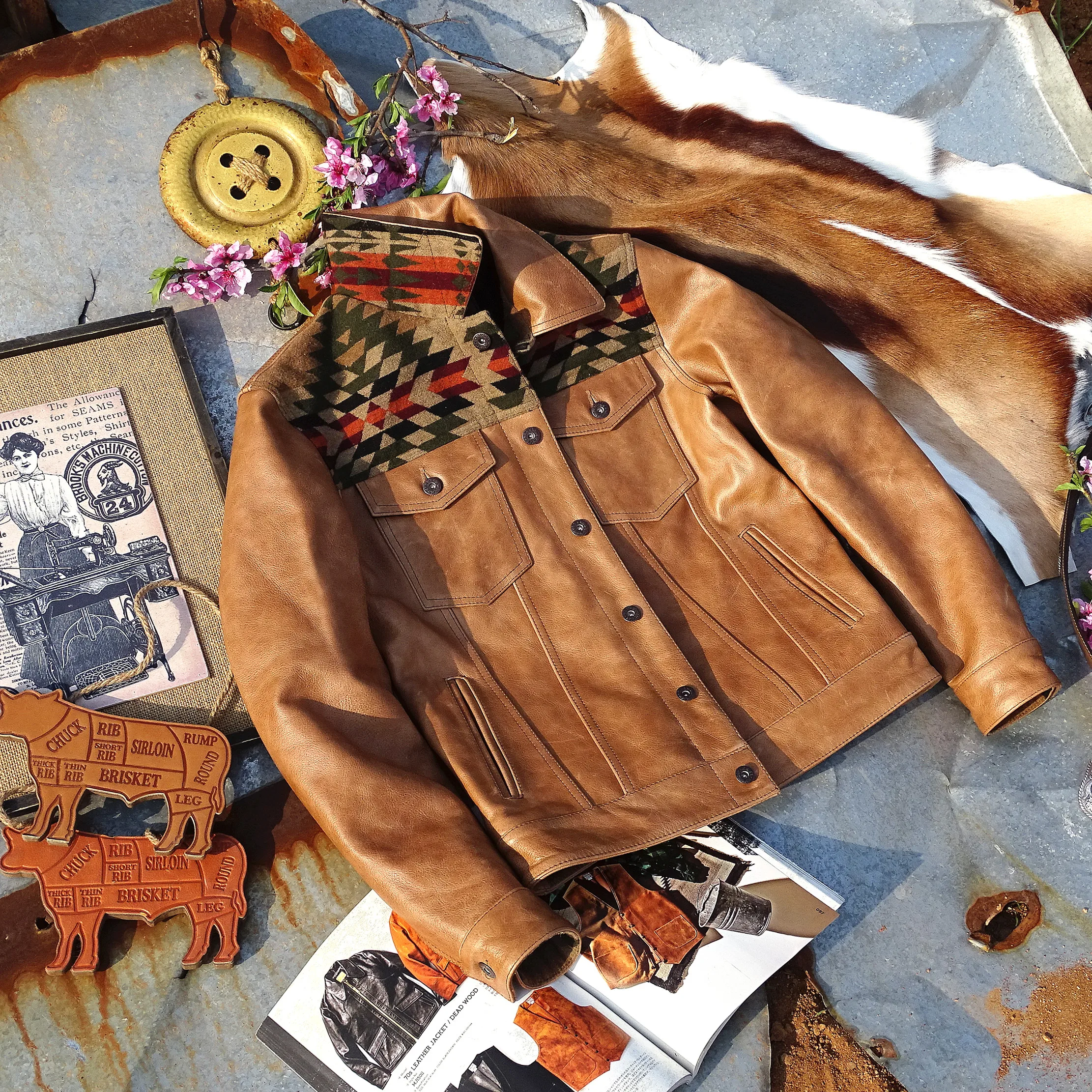 Navajo Totem Woolen X Oil Wax Top Layer Cowhide 507 Denim Genuine Leather Jacket Fashionable Urban Casual Youth Leather Coat