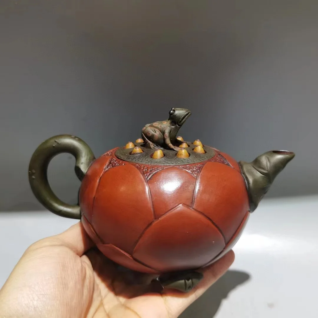 

Old Chinese Handcraft Enameled YiXing Purple Clay (yellow stoneware) Teapot,The frog climbed the lotus,with mark,Free shipping