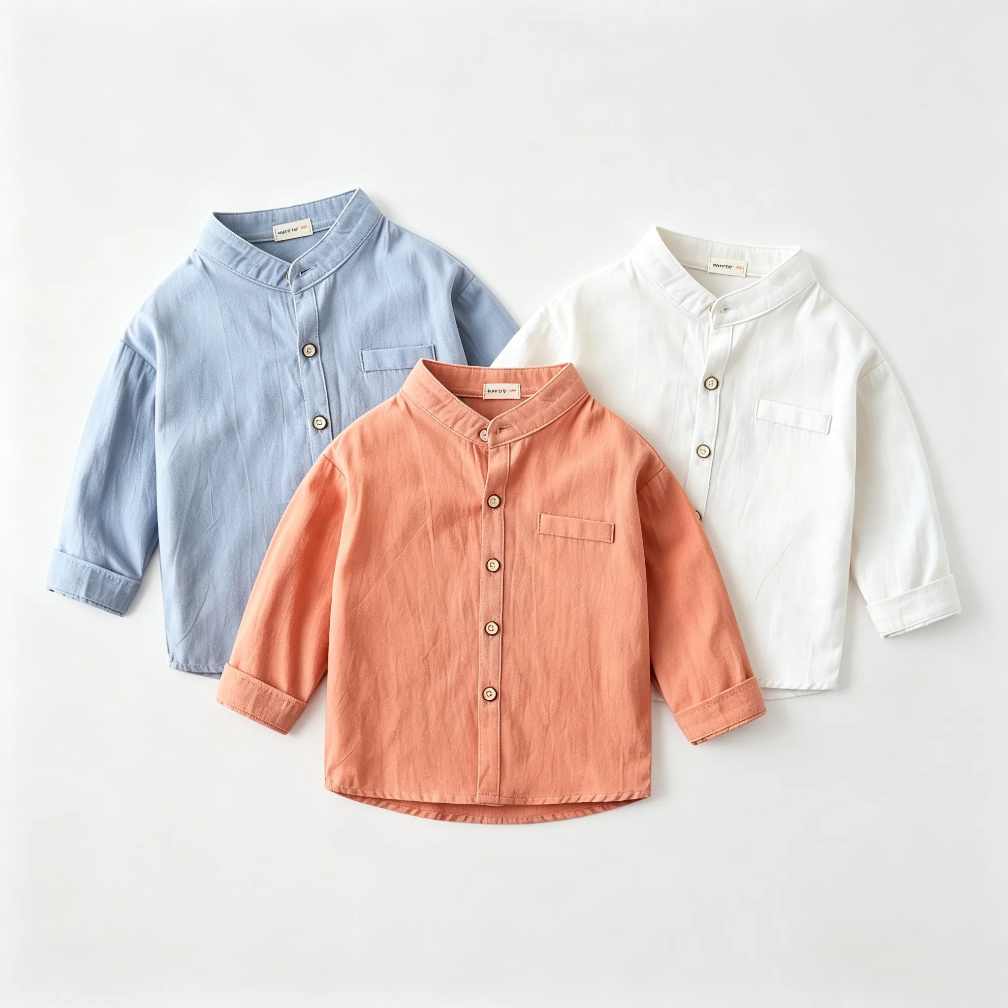 Loose Fit Toddler Boys Girls 100% Cotton Long Sleeve Mandarin Collar Blouse Soft Breathable Solid Color Spring Daily Tops