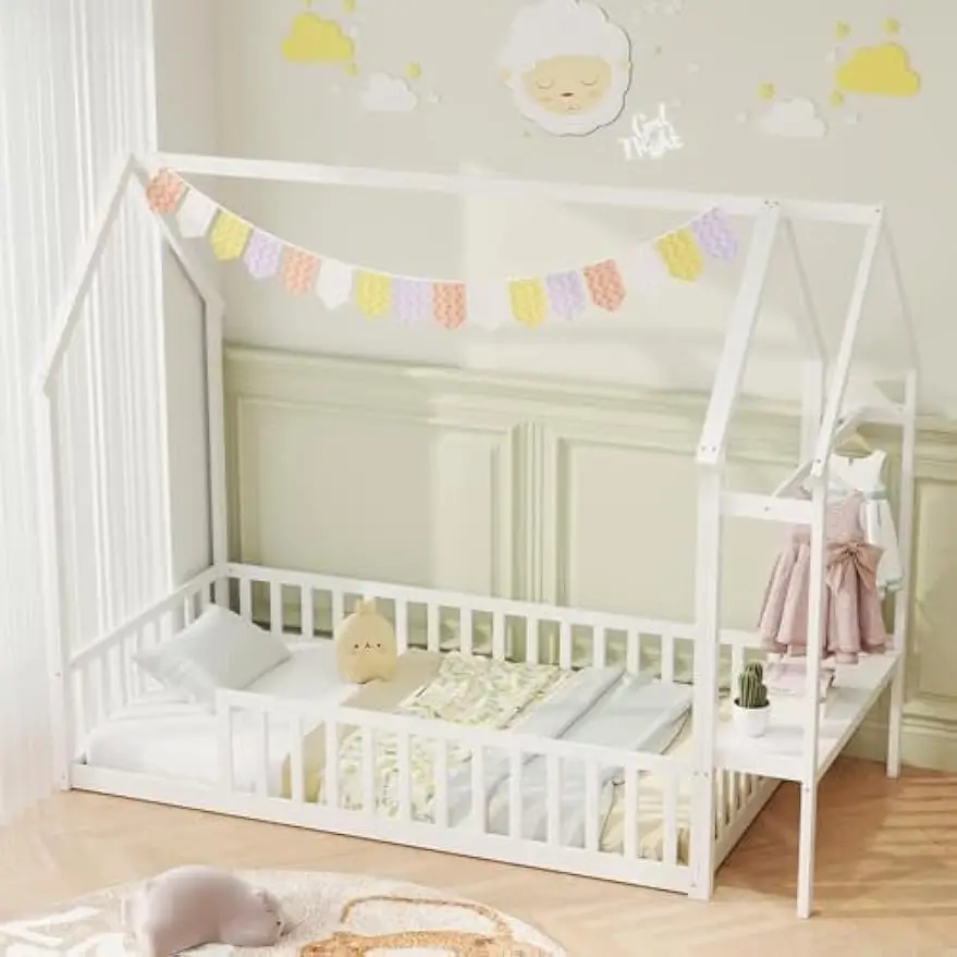 

Twin House Floor Bed, Solid Wood Montessori Bed with Detachable Storage Shelf, Clothes Hanger & Guardrails,