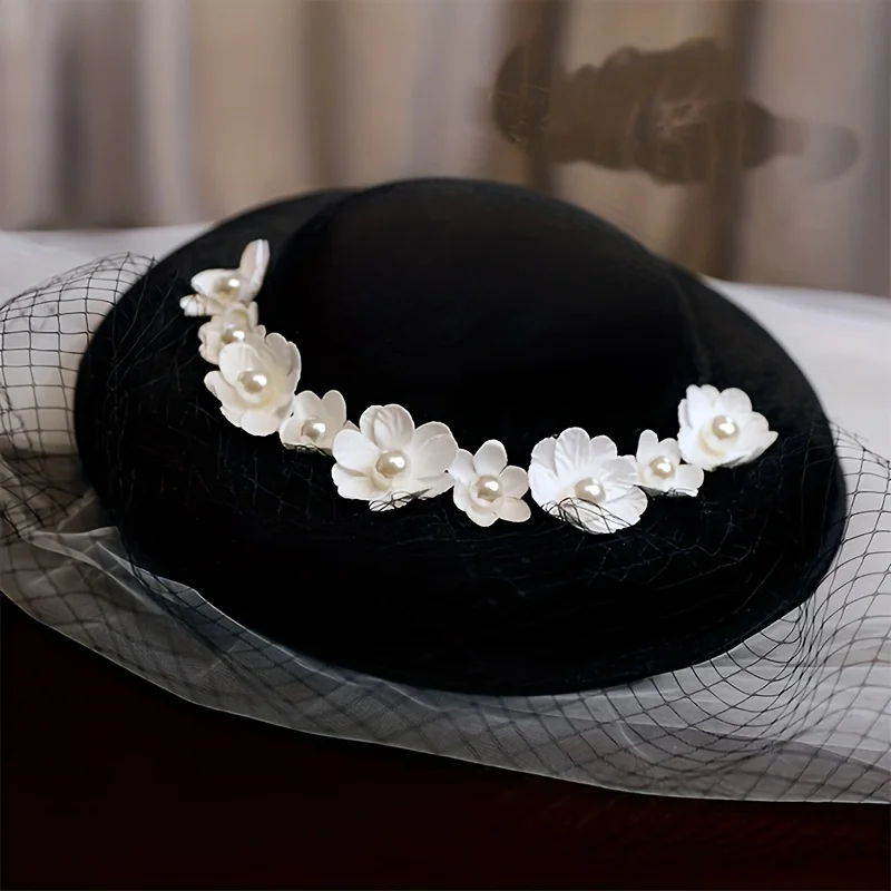 Hepburn-Chapeau à fleurs en voile français noir, vêtements de sauna pour patients, accessoires de studio, chapeau habillé