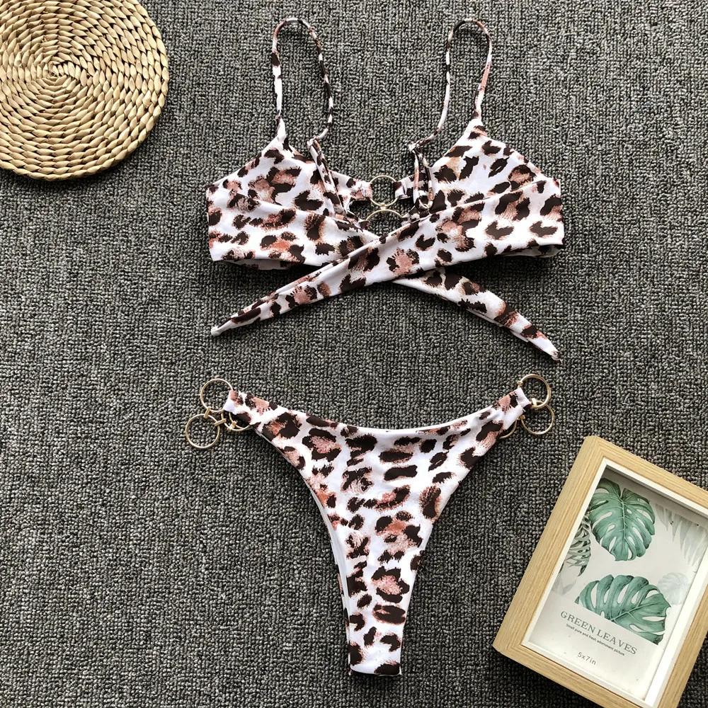 Luipaardprint Sexy Badpak Micro String Bikini 2025, Vrouwen Metalen Ring Badmode Terug Geknoopt Badpak Braziliaanse Bikini Mujer