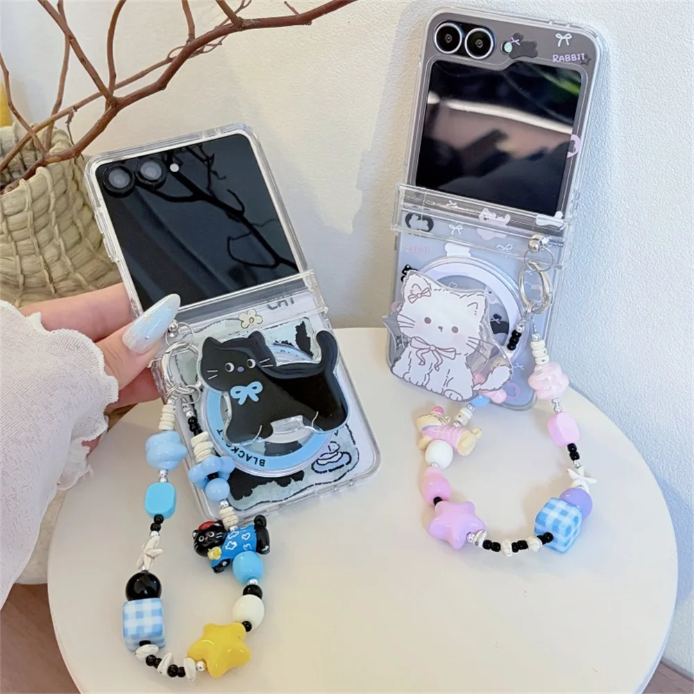 Cute Bow Cat Magnetic Stand Phone Case For Samsung Galaxy Z Flip 8 7 6 5 Clear Hard Cover Hinge Protection Beaded Wrist Strap