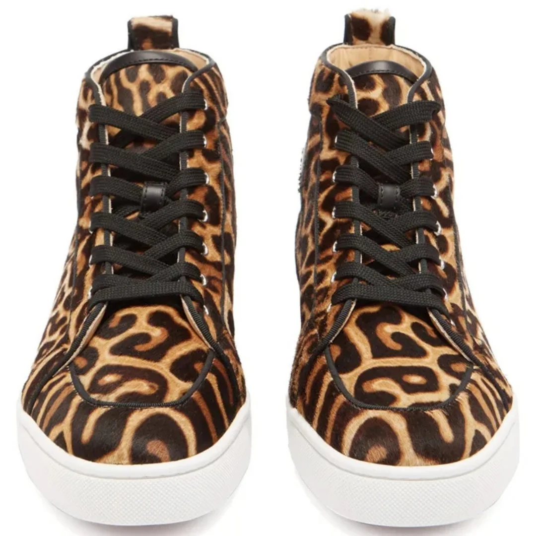 Horsehair Leopard Prints Platform Flats Lace Up Shoes Luxurious Handmade Men High Top Sneakers Fashion Style Shoes Brown Leather