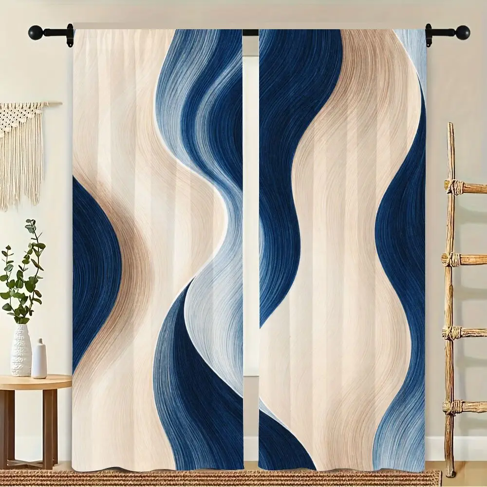 

2Pcs Curtain Blue And Beige Gradient Wavy Flowing Window Drapes For Bedroom Living Room Decoration Window Treatment. ﻿
