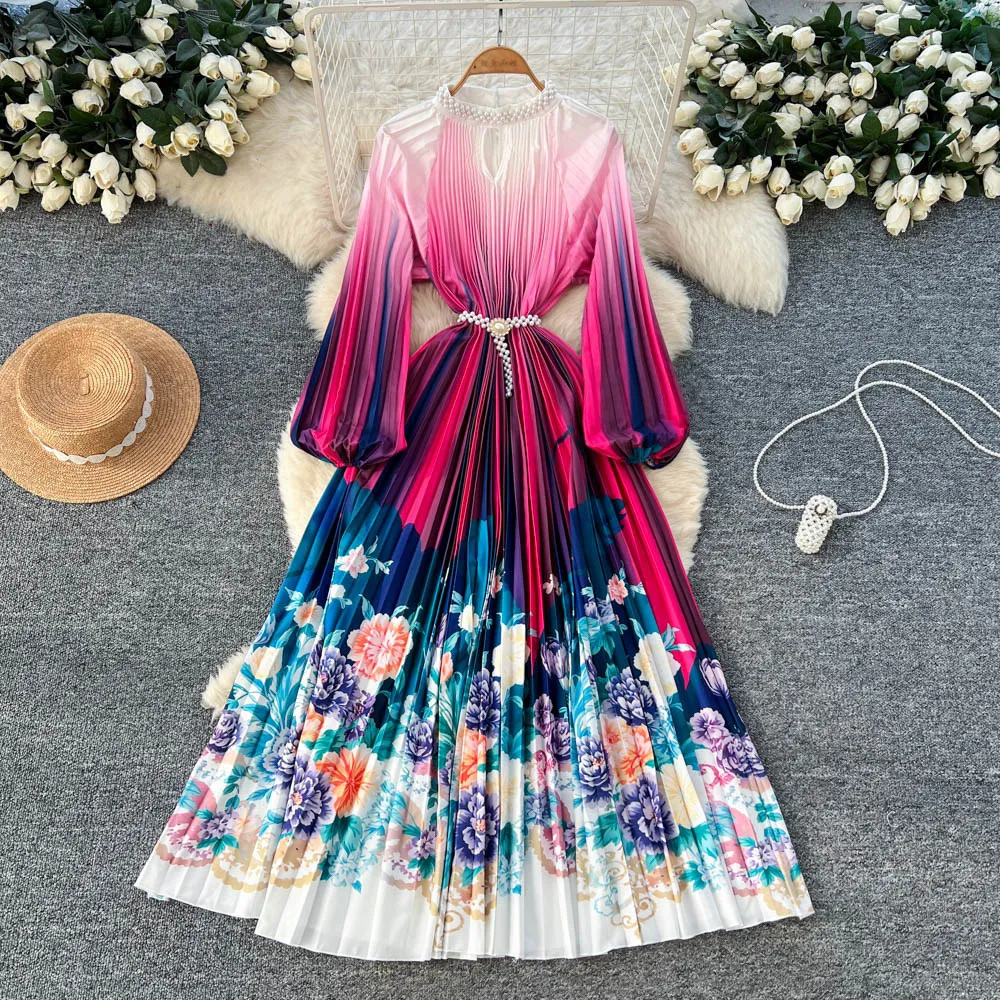 Miyake 2026 High-end Bead Printing Pleated Dress Women's Gradual Change Long-sleeved Pearl Buckle Pleated Dress Commuting