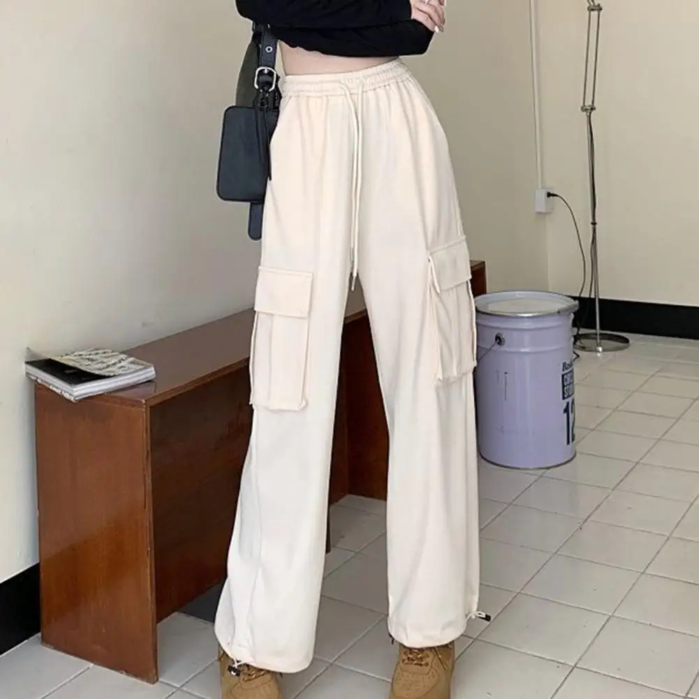 

Hip Hop Women Fall Pants Elastic Waist Wide Leg Straight Lady Cargo Pants Loose Drawstring High Waist Multi Pockets Trousers