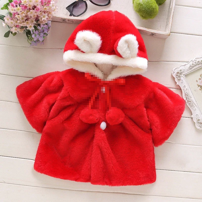 4 Colors Winter Coat for Girls Sweet Solid Color Rabbit Ear Hooded Warm Wool Sweater Suitable for Children\'s Clothing Aged 0-3