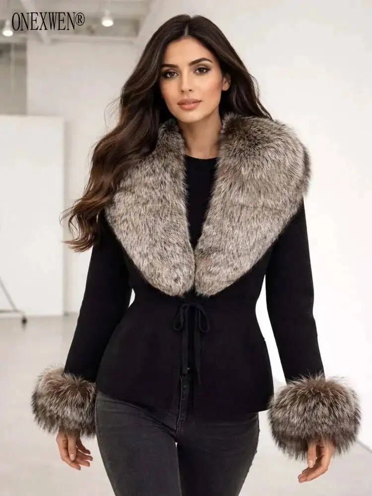 ONEXWEN 2026 Women Black Knit Cardigan Oversized Fluffy Fur Collar Fur Cuffs Drawstring Tie Waist Knitted Sweater Jacket ZM5411
