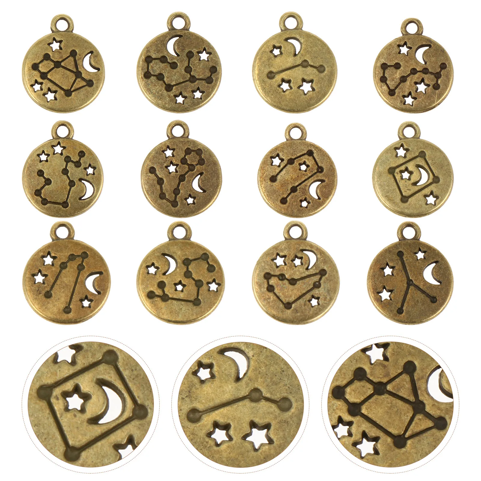 

72Pcs Zodiac Round Hollow Carved Metal Charms Alloy Pendants Retro Color Double Sided for DIY Necklace Bracelet Earrings Jewelry