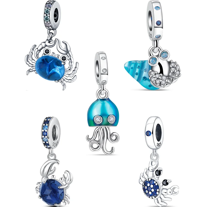 

925 Sterling Silver Pendant Blue Zircon Crab Jellyfish Beads Fit Pandora 925 Original Charms Bracelet Necklace DIY Fine Jewelry