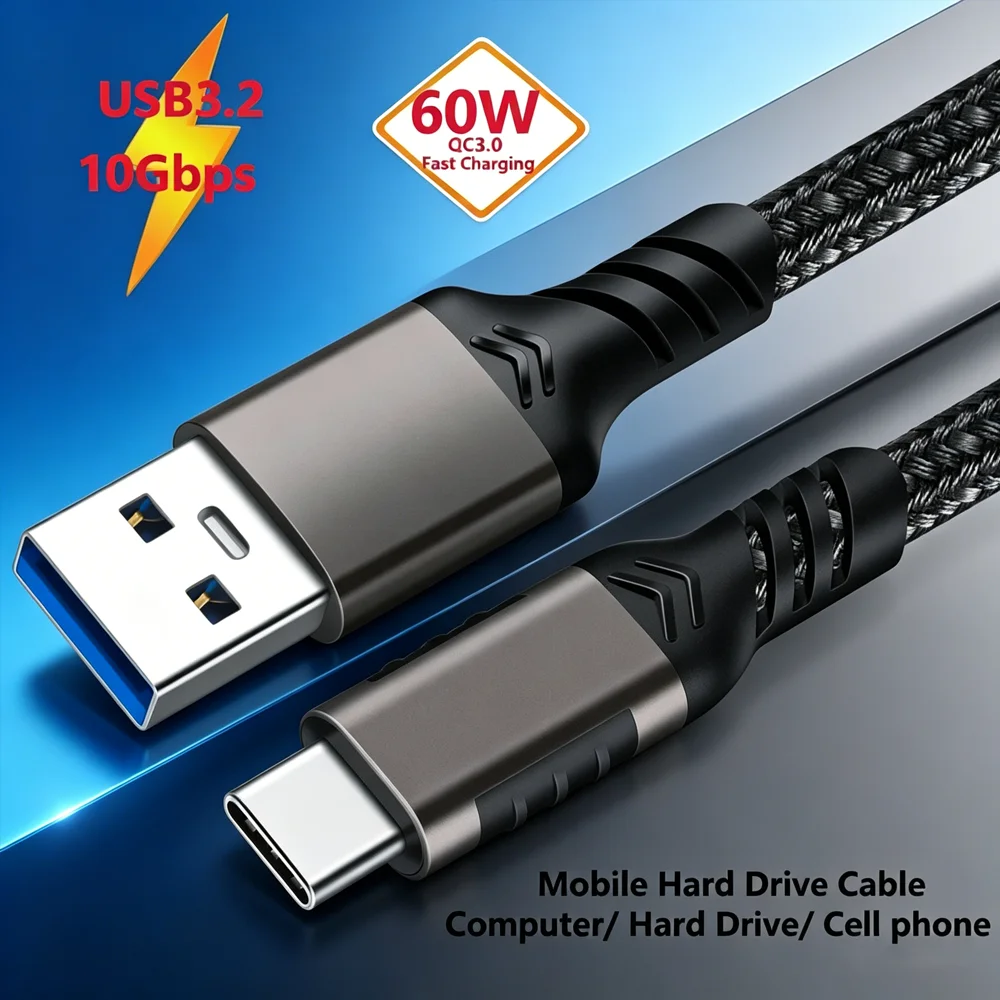USB3.2 Gen2 10Gbps Cable USB 3.0/3.1/3.2 Cable USB A to USB Type C Data Transfer SSD Hard Disk Cable 3A 60W QC 3.0